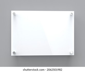 Blank A4 White Glass Office Corporate Signage Plate Template, Clear Printing Board For Branding, Logo. Transparent Acrylic Advertising Signboard Mockup Front View. 3D Rendering