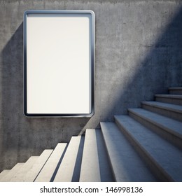 Blank advertising billboard on concrete wall with steps up