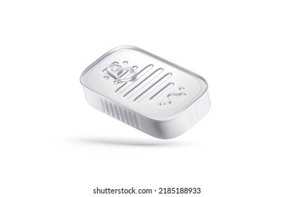 Blank Aluminum Sardine Conserve Can Mock Up, No Gravity, 3d Rendering. Empty Canned Hermetic Tare For Fish Or Meat Mockup, Isolated. Clear Preserves Pack For Take Away Goods Template. 3D Illustration