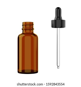 Blank amber bottle with pipette isolated on white background. Realistic glass dropper bottle with clipping path. 3D render for product package.