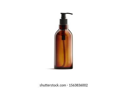 Blank Amber Glass Pump Bottle For Oil Mockup Isolated, 3d Rendering. Empty Salve Or Balsam Jar Mock Up, Front View. Clear Brown Tube With Oily Or Foam For Spa Healthcare Mokcup Template.