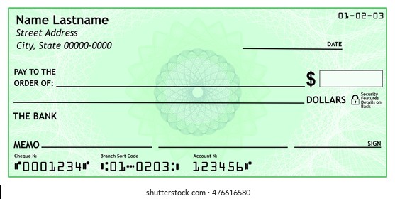 Blank bank check, 3D rendering isolated on white background