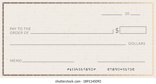 Blank bank check template. Fake cheque page mockup