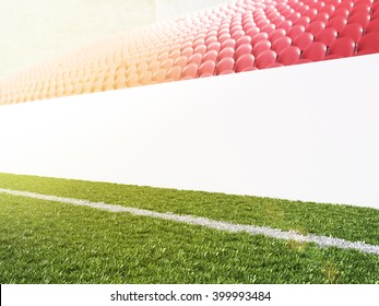 Blank Banner Around Pitch, Red Seats. Side View. Concept Of Sport Advertising. Mock Up. 3D Rendering