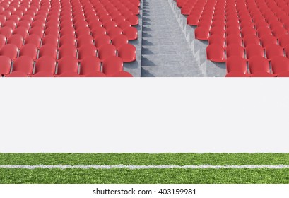 Blank Banner Around Pitch, Red Seats, Aisle Between Them. Front View. Concept Of Sport Advertising. Mock Up. 3D Rendering