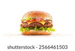 Blank beef hamburger with cheese mock up, front view, 3d rendering. Empty classic burger with bun, meat, cheese, onion, tomato, salad mock up, isolated. Clear fastfood grilled. 3D Illustration