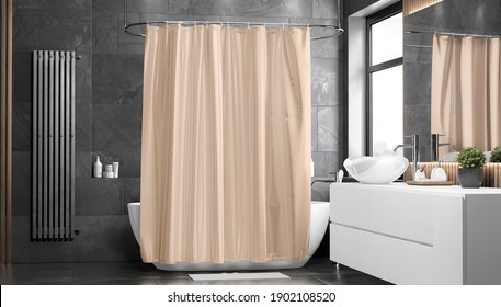 Blank Beige Closed Shower Curtain Mockup, Front View, 3d Rendering. Empty Blind Polyester Cover For Bathtub Or Restroom Mock Up. Clear Fabric Shutter Screen For Home Design Template.