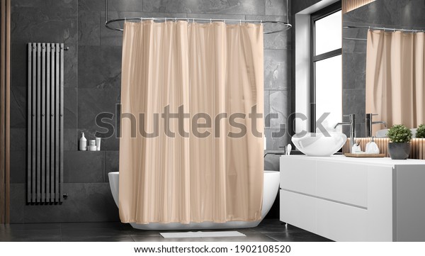 Blank beige\
closed shower curtain mockup, front view, 3d rendering. Empty blind\
polyester cover for bathtub or restroom mock up. Clear fabric\
shutter screen for home design\
template.
