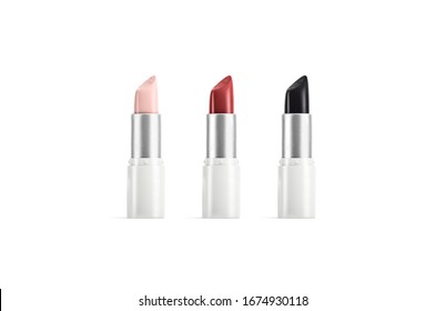 Blank Beige, Red, Black Opened Lipstick In White Tube Mockup, 3d Rendering. Empty Female Makeup Balm Or Lipgloss Mock Up Isolated, Front View. Clear Pomade Stick Case For Beauty Mokcup Template.