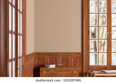 Blank Beige Wall In Interior Of Traditional Style Living Room. 3d Illustration