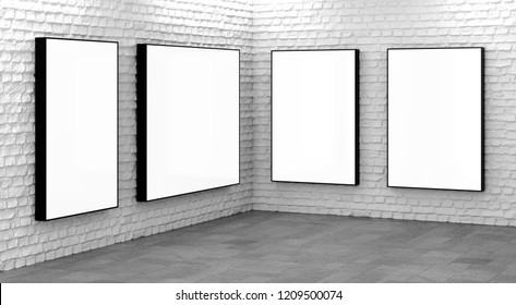 Blank Billboard Lightboxes Or LCD Screens On White Brick Wall. Empty Street Advertising Signboards In Room Corner. 3D Illustration