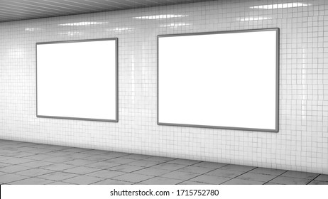 Blank Billboard Lightboxes Or LCD Screens On White Tiles Wall. Empty Street Advertising Signboards In Room. 3D Illustration