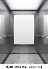 Blank Billboard Or Poster Inside Of Empty Elevator Cabin. 3D Illustration.