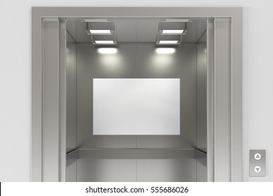 Blank Billboard Or Poster Inside Of Empty Elevator Cabin. Include Clipping Path Around Billboard Ad Space. 3d Render