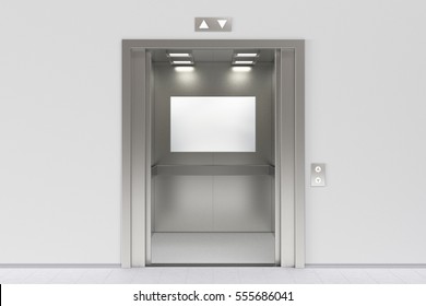 Blank Billboard Or Poster Inside Of Empty Elevator Cabin. Include Clipping Path Around Billboard Ad Space. 3d Render