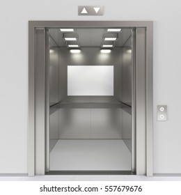 Blank Billboard Or Poster Inside Of Empty Elevator Cabin. Include Clipping Path Around Billboard Ad Space. 3d Render