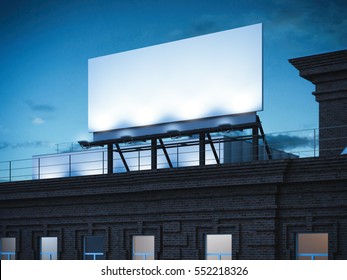 Blank Billboard Standing On Classic Brick Building In The Dark Night. 3d Rendering