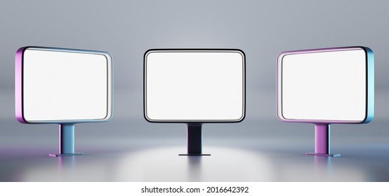 Blank Billboards Displays, Front And Side View. White LCD Screen, Digital Monitor Or Stand For Advertising. Horizontal Rectangular Banners In Neon Light Isolated On Grey Background, Realistic 3d Set