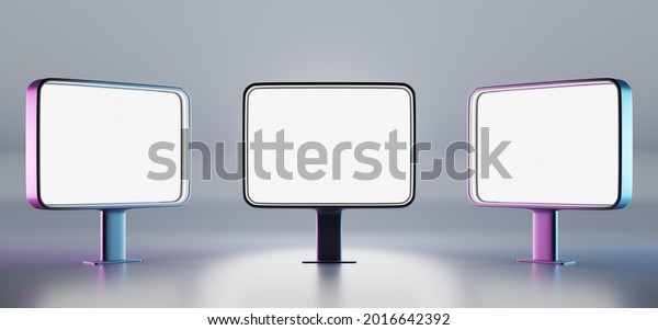 Blank billboards displays, front and side view. White\
LCD screen, digital monitor or stand for advertising. Horizontal\
rectangular banners in neon light isolated on grey background,\
realistic 3d set