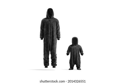 Blank Black Adult And Kid Plush Jumpsuit With Hood Mockup, 3d Rendering. Empty Sleepover Hooded Costume Mock Up, Front View, Isolated. Clear Plushy Bodysuit For Bedtime Template.