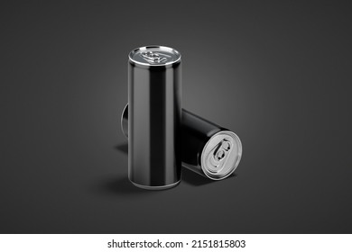 Blank Black Aluminum 500 Ml Soda Can Mockup, Stand And Lying, 3d Rendering. Empty Standart Tin With Aerated Drink Mock Up, Dark Background. Clear Carbonated Lemonade Or Tonic Jar Template.