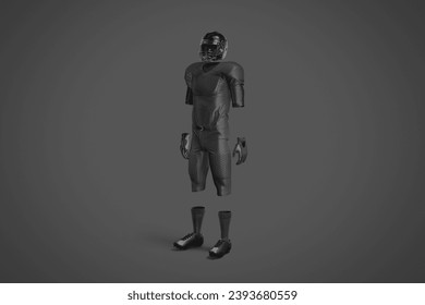 Blank black american football uniform mockup, side view, 3d rendering. Empty protective armour suit for soccer sport club mock up, isolated. Clear gear jersey apparel for footballer. 3D Illustration - Powered by Shutterstock