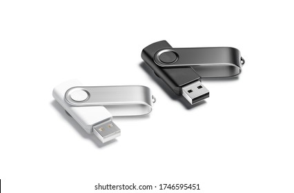 Blank Black Andwhite Opened Usb Stick Mockup Set, Side View, 3d Rendering. Empty Data Mirco Transfer Mock Up, Isolated. Clear Portable Information Flashcard Mokcup Template.