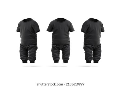 Blank Black Baby Suit T-shirt, Pants Mockup, Front Side View, 3d Rendering. Empty Textile Tshirt And Breeches For Kid Overalls Mock Up, Isolated. Clear Bodysuit Or Babygrow Suit Model Template.