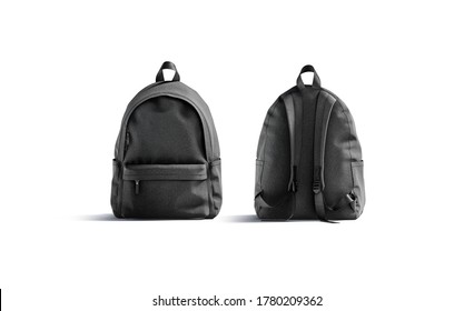 Blank Black Backpack With Zipper And Strap Mockup, Front Back, 3d Rendering. Empty Student Sport Rucksack Mock Up, Isolated. Clear Textile Purse Package With Zip And Cord Template.