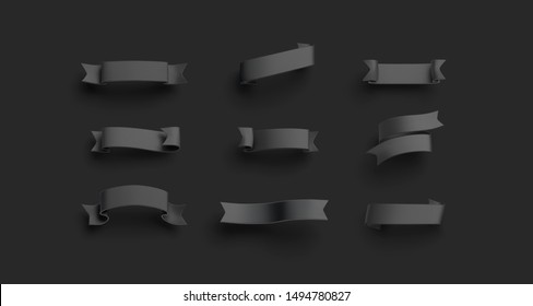Blank black banderole mockup set, isolated on dark background, 3d rendering. Empty ornament flag mock up, different types. Clear curl ensign display for decor darkness template.