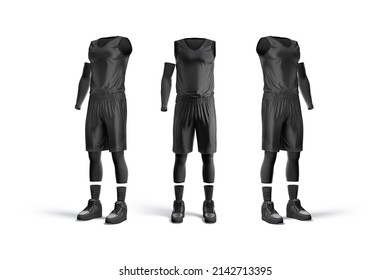 Blank black basketball uniform mock up, front and side view, 3d rendering. Empty club tracksuit with tank top, shorts, sneakers, sleevelet mockup, isolated. Clear sports jersey clothing template.