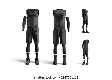 Blank black basketball uniform mock up, different views, 3d rendering. Empty nylon sporty tracksuit mockup, isolated. Clear play-suit with t-shirt, sleevelet, shoes for basketball player template.
