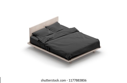 Blank Black Bed Mock Up, Side View Isolated, 3d Rendering. Empty Blanket And Pillows Mockup In Bedstead. Doss With Mattress And Bedsheet Design Template. Bedclothes With Pilows And Duvet For Sleep.