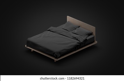 Blank Black Bed Mock Up, Side View Isolated In Darkness, 3d Rendering. Empty Blanket And Pillows Mockup For Sleep. Bedstead With Mattress And Bedsheet Template. Bedclothes With Pilows And Duvet.