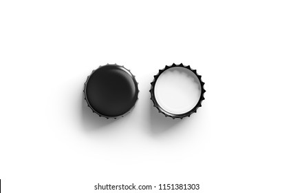 Blank Black Beer Lid Mockup, Top View, Front And Back Side, 3d Rendering. Empty Metal Soda Cap Mock Up Design Template. Clear Bottle Cover Isolated.