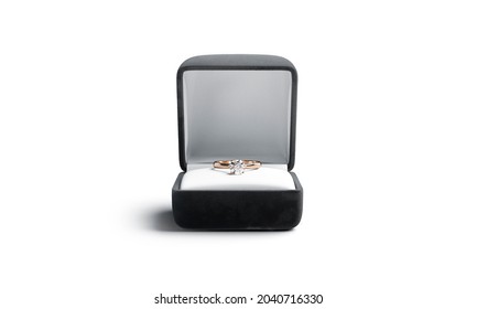 Blank Black Box With Gold Diamond Ring Mockup, Front View, 3d Rendering. Empty Velvet Case With Jewelry For Proposal Mock Up, Isolated. Clear Romantic Precious Gift For Marry Template.