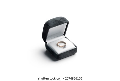 Blank Black Box With Gold Diamond Ring Lying Mockup, Isolated, 3d Rendering. Empty Velvet Pack With Jemstone For Romantic Proposal Mock Up, Side View. Clear Brilliant Jewellery Package Template.