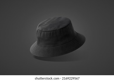 Blank Black Bucket Hat Mockup, No Gravity, 3d Rendering. Empty Jungle Or Safari Fabric Headdress Mock Up, Dark Background. Clear Denim Or Textile Panama For Summer Travel Template.