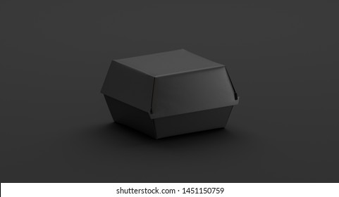 Blank black burger box mockup, side view, 3d rendering. Empty dark fast food takeout wrapping mockup for snack. Clear portable eco-friendly boxed packaging for delivery template.