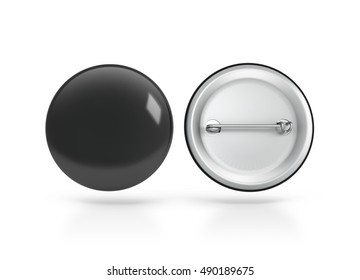 Blank Black Button Badge Mockup, Front And Back Side, 3d Rendering. Empty Clear Pin Emblem Mock Up. 