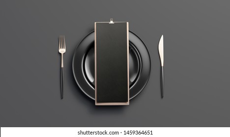 Blank black cafe menu mockup on plate with cutlery, isolated, 3d rendering. Empty tableware with checklist mock up, top view. Clear booklet on wooden holder for breakfast or lunch template. - Powered by Shutterstock