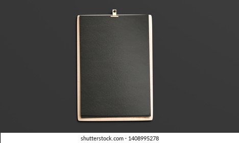 Blank Black Cafe Menu, Wooden Plank Mockup, A4, Top View, 3d Rendering. Empty Paper Card With Holder On Wood Holder Mock Up Isolated. Clean Checklist Drinks On Frame For Restaurant Or Bar Template.