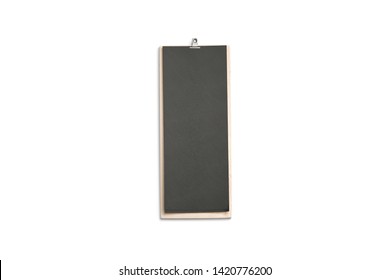 Blank Black Cafe Menu, Wooden Board Mockup, 4 Inch, Top View, 3d Rendering. Empty Wooden Clipboard With Dark Paper Sheet Mock Up Isolated. Clear Restaurant Or Bar White Carte Template.