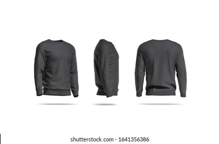 Blank Black Casual Sweatshirt Mockup, Side And Back View, 3d Rendering. Empty Textile Man Jumper Mock Up Isolated. Clear Unisex Model Of Sweat-shirt Or Hoody Mokcup Template.