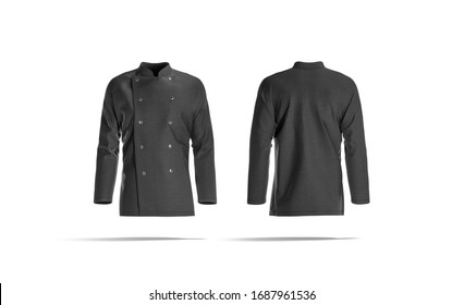 Blank Black Chef Jacket With Buttons Mockup, Front And Back, 3d Rendering. Empty Chief-cooker Reefer For Restaurant Worker Mock Up, Isolated. Clear Professional Tunic Or Pea Mokcup Template.