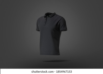 Blank Black Classic Polo Shirt Mock Up, Dark Background, 3d Rendering. Empty Casual T-shirt Jersey Model Mockup, Side View. Clear Fabric Poloshirt For Men Fashion Outfit Template.