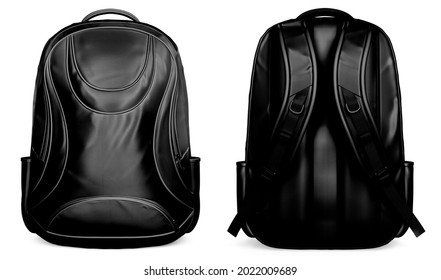 Blank Black Closed Backpack With Zipper Mockup, Front View, 3d Rendering. Empty Student Carry Front Back Pack Mock Up, Gray Background. Clear Fabric Schoolbag Or Haversack Mokcup Template