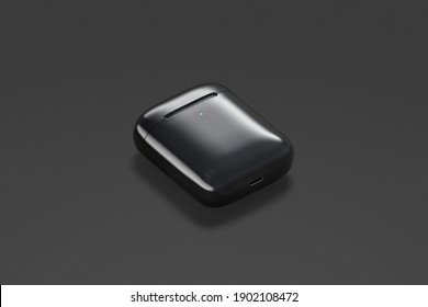 Blank Black Closed Headphones Case Mockup Lying, Dark Background, 3d Rendering. Empty Partable Casing For Pro Earmuff Mock Up, Side View. Clear Headpiece For Phone Connection Template.