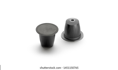 Blank Black Coffee Capsule Pod Mock Up, Isolated, Side View, 3d Rendering. Empty Food Bag With Youghurt Mockup. Clear Dark Plastic Sauce Capsules With Ketchup Or Mayonnaise .