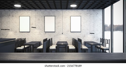 Blank Black Color Interior Cafe Restaurant With White Brick Wall, Three Poster Mockup Frames. 3d Render